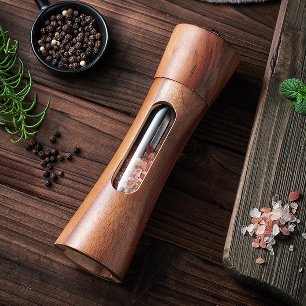 Wooden Salt and Pepper Grinder Set with Tray, 8 Inch Manual Salt & Pepper Shakers with Adjustable Coarseness, Salt and Pepper Mills