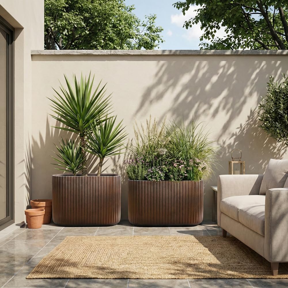 Wil & Vic 89s 15" H x 24" L Sirius Fiberglass Planter, Round Indoor and Outdoor Plant Pot with Drainage Hole, Lightweight, Durable Minimalist Home, Included 2 Extra Coco Mats, Rust