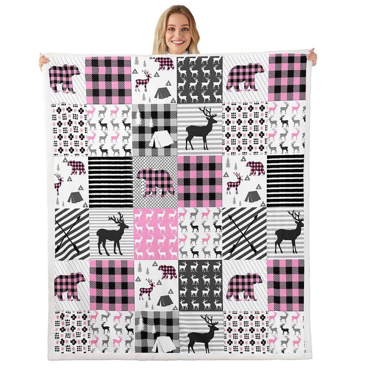 Deer Fleece Throw Blanket for Girls Boys - Pink Plaid Bear Antlers Plush Sherpa for Hunting and Camping - Bear Moose Lodge Patchwork Fuzzy Geometric Room Decor - Baby 30"x40"
