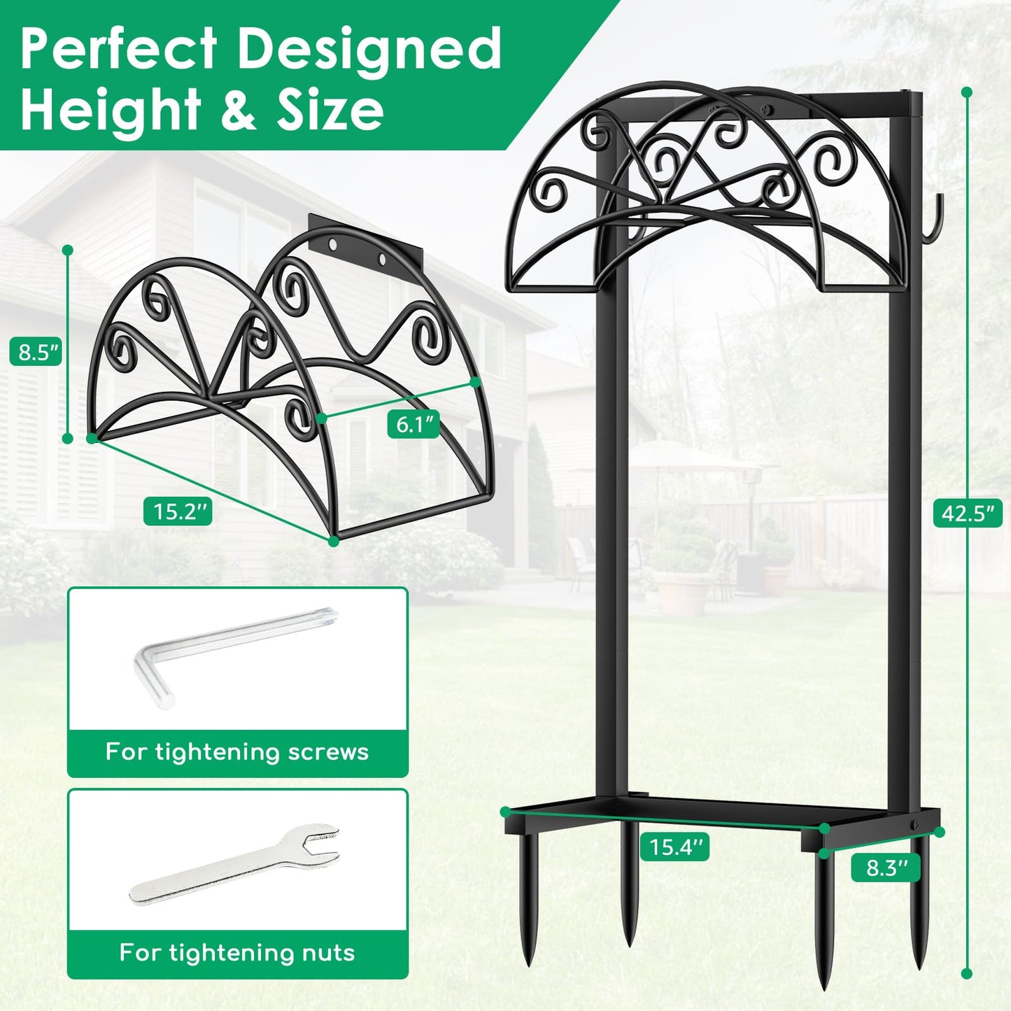 TomCare Garden Hose Holder Heavy Duty Water Hose Holder Holds 160 FT Hose 4 Spikes Hose Reel with 2 Tool Hooks Freestanding Hose Hanger Sturdy Hose Storage Stand for Outside Yard Lawn, Black