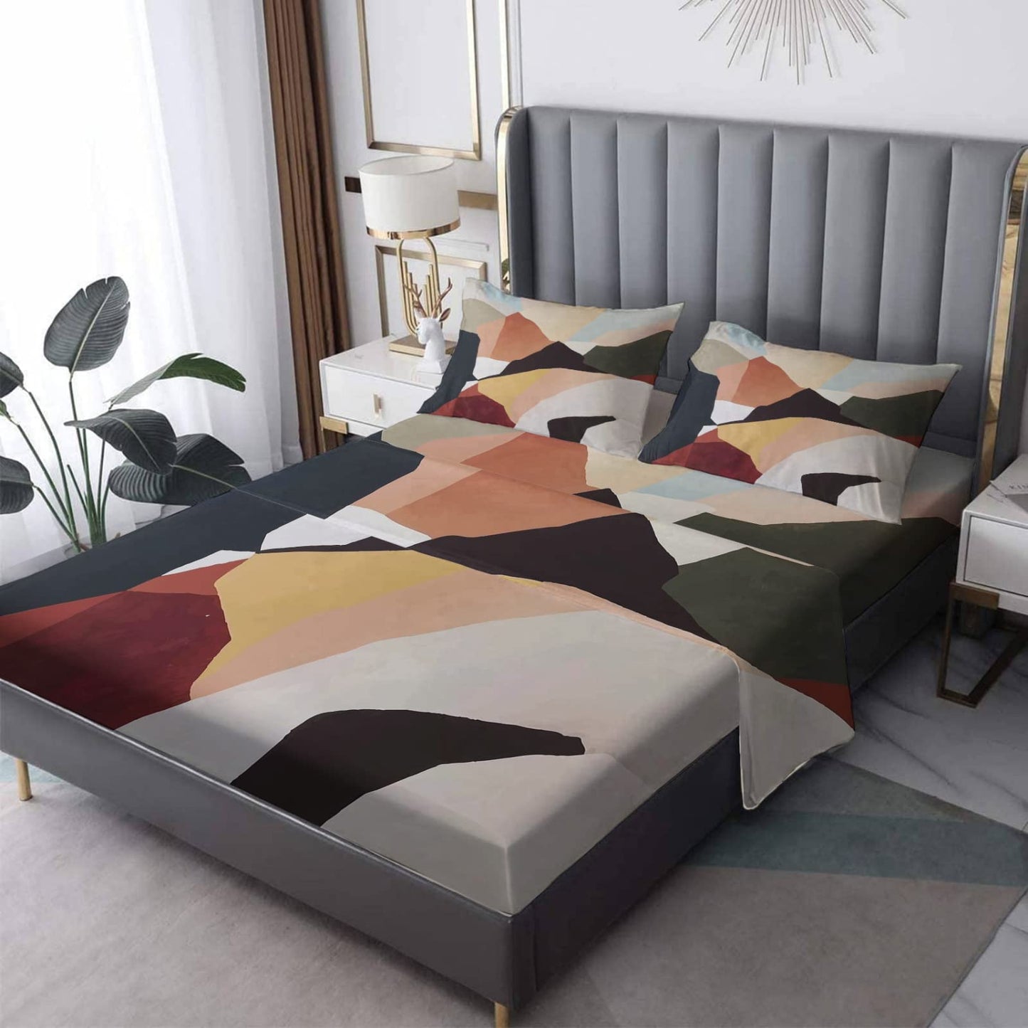 NOGAWA Abstract Sheets Full Size, Modern Art Bed Sheets, Patterned Bedding Sheets & Pillowcases 4 Piece Set - Soft Microfiber Deep Pocket Fitted Sheet & Flat Sheet & 2 Pillow Cases