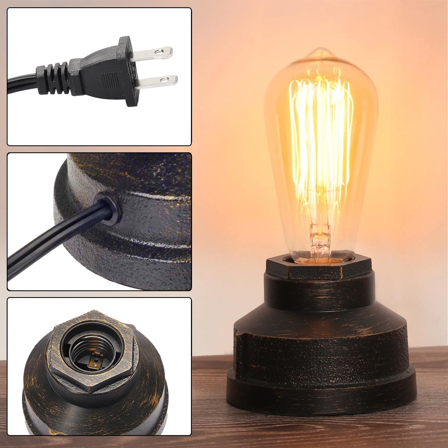Boncoo Small Touch Control Table Lamp Base, Industrial Touch Light Vintage Edison Bulb Base, Dimmable Bedside Nightstand Accent Light for Living Room Bedroom, Antique Steampunk Style
