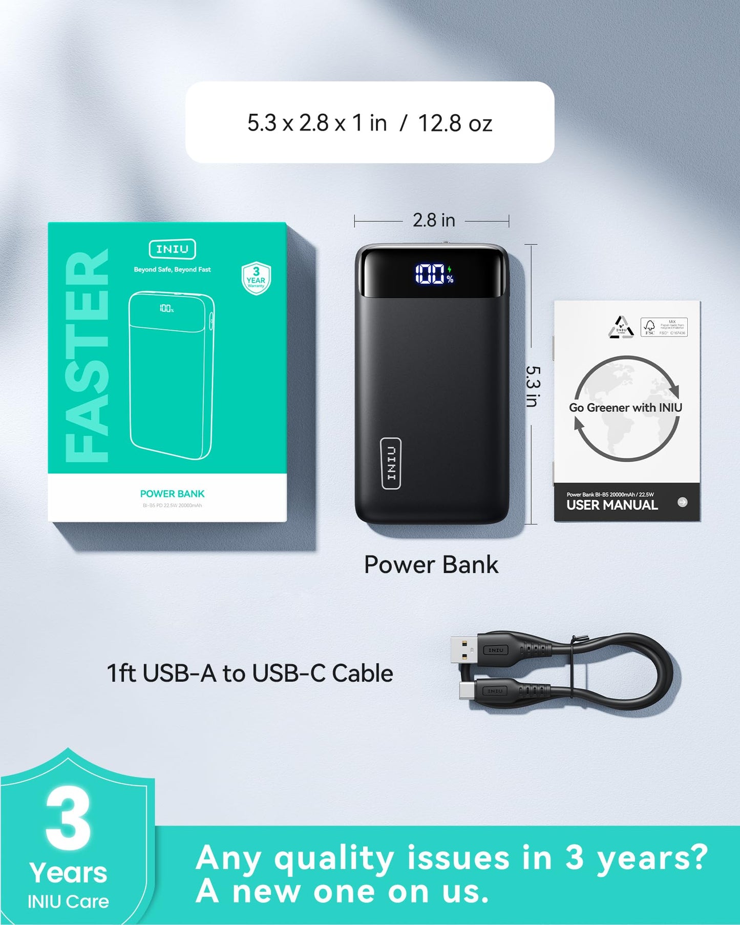 INIU Portable Charger, Smallest 22.5W 20000mAh USB C in & Out Power Bank Fast Charging, PD 3.0+QC 4.0 LED Display Phone Battery Pack Compatible with iPhone 17 16 15 14 Pro Samsung S24 Google iPad etc