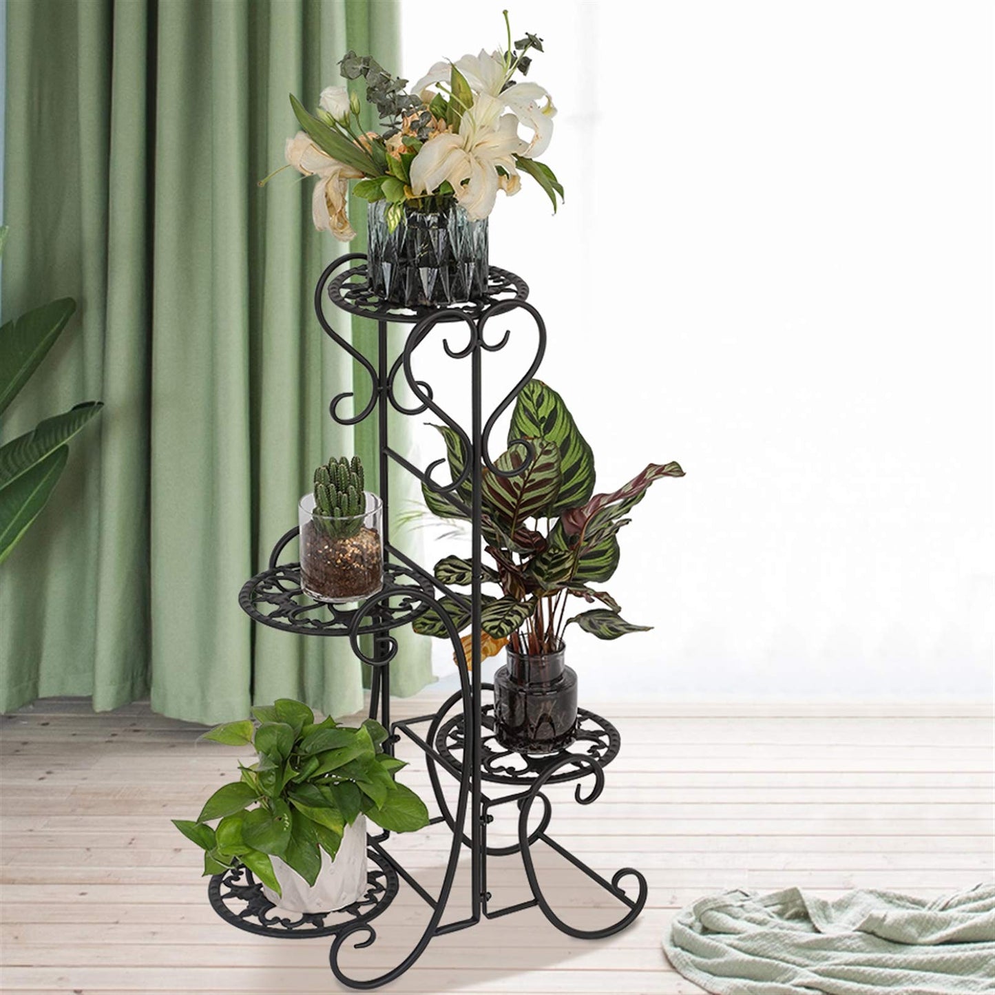 Plant Stand Indoor Outdoor,4 Tier Corner Shelf Shelves Decoration Display Rack - Metal Wrought Iron Multi Flower Planter Potted Holder Organizer for Living Room Balcony Garden Patio, Black