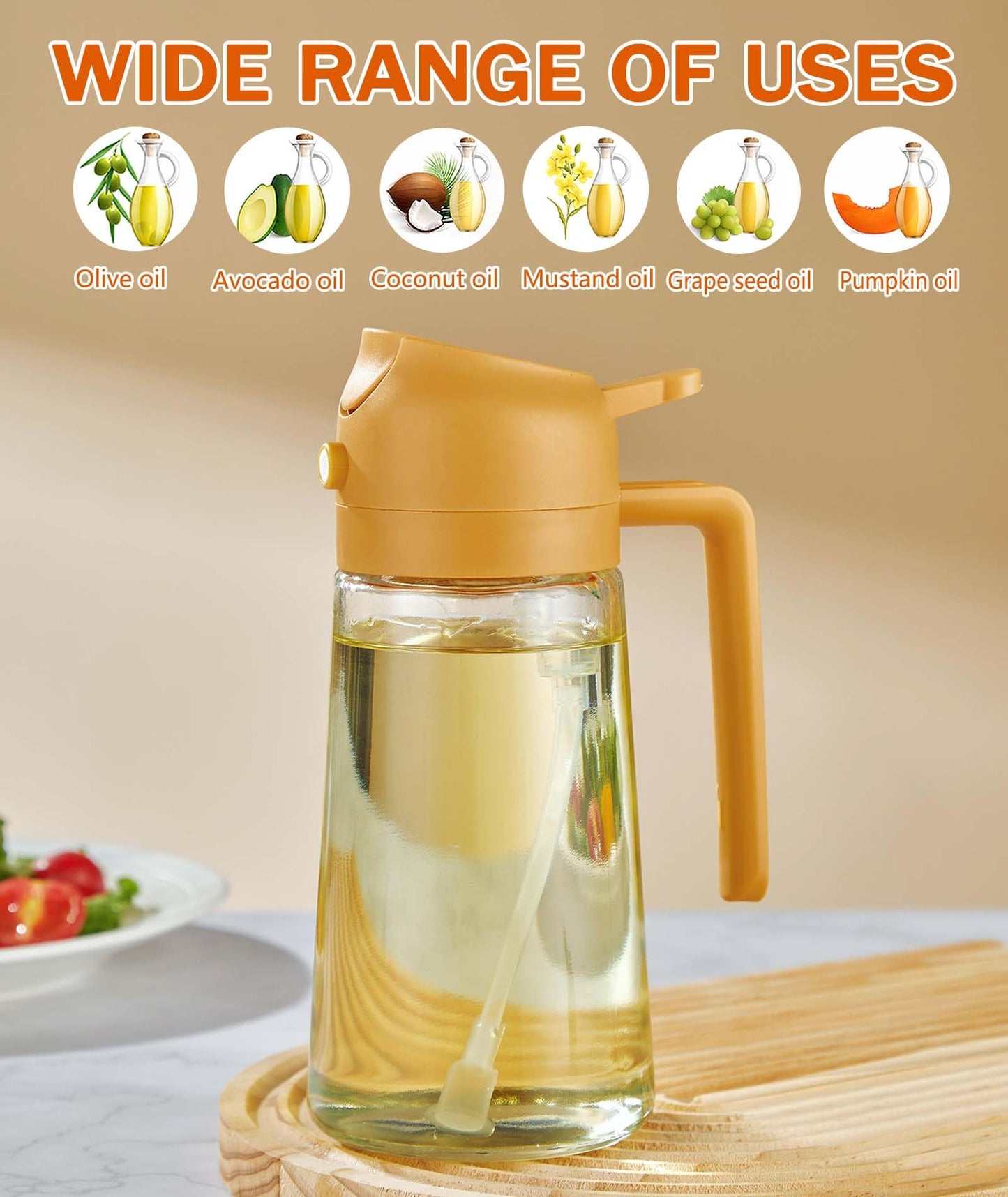 With Stickers 16oz Olive Oil Sprayer for Cooking - 2 in 1 Spray & Pour Olive Oil Dispenser - 470ml Glass Spray Oil Bottle - Kitchen Gadgets