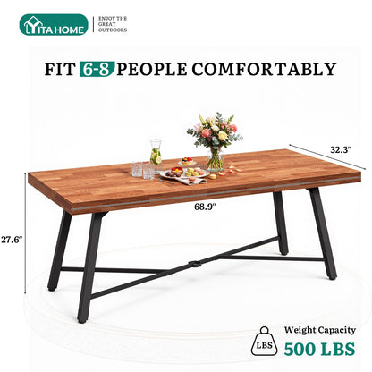 YITAHOME Acacia Wood Dining Table 68.9", Heavy Duty Rectangle Dinner Table with Metal Legs, Rustic Solid Wood Outdoor Table for 6-8 People, 500 LBS