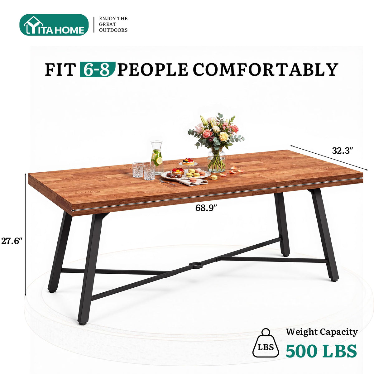 YITAHOME Outdoor Rectangle Dining Table 68.9", Heavy Duty Patio Acacia Wood Dining Table with Umbrella Hole, Solid Wood Rectangle Dining Room Table, 500 LBS