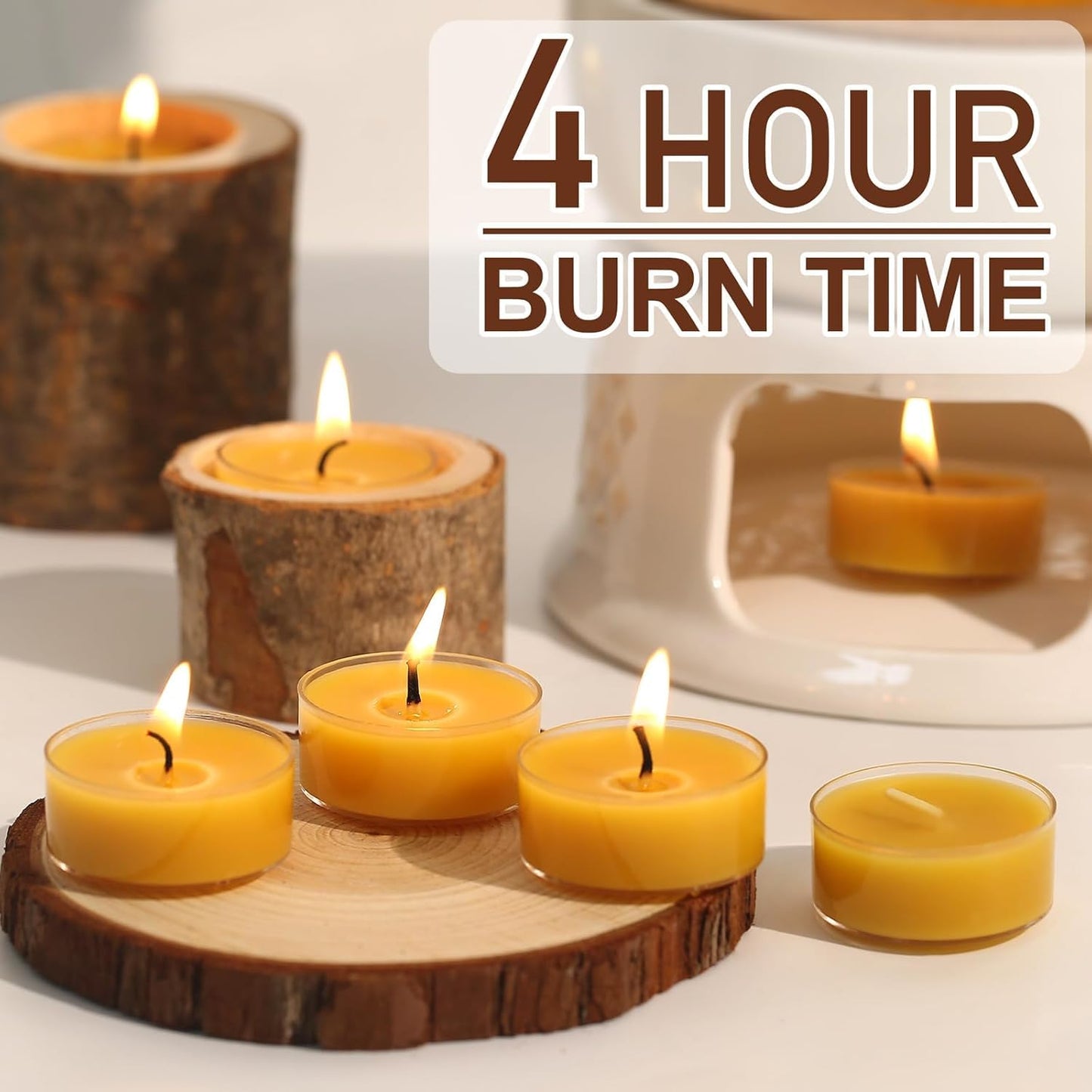 Capaniel 24 Packs Beeswax Tealight Candles- 4 Hour Burn Time Pure Beeswax Candles Bulk Burn Evenly and Clean Smokeless Natural Bees Wax Tea Lights for Relaxing