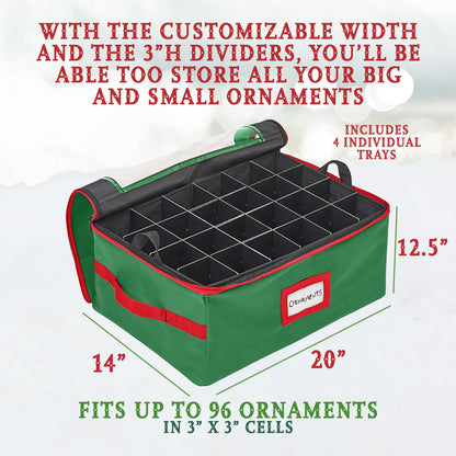 HOLDN’ STORAGE Christmas Ornament Storage Box with Dividers - Fits 96-3” Ornaments, 4 Removable Trays, Durable & Space-Saving, Clear Top Lid, Convenient Storage Designed, Green