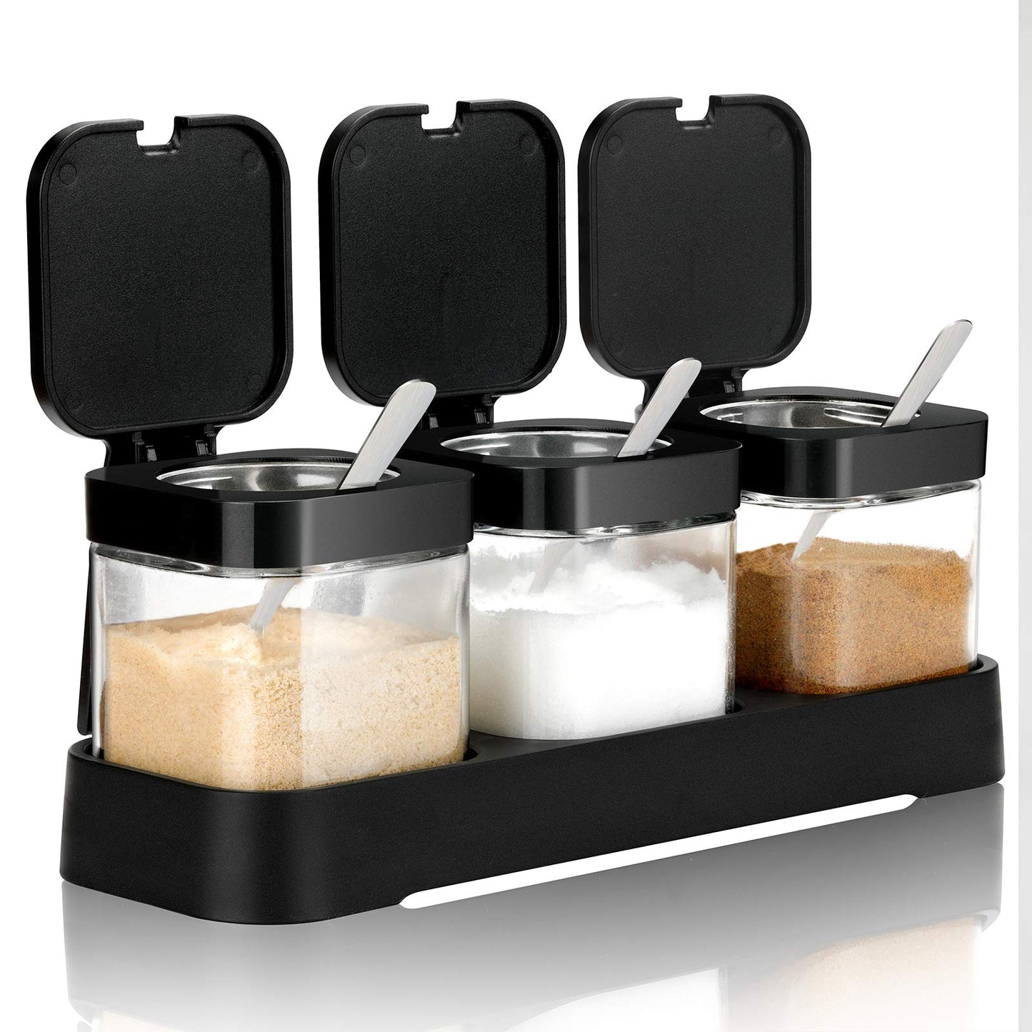 Mlici Condiment Jar Spice Container with Lids and Spoons, 8.6oz Clear Glass Condiment Canisters Pots Seasoning Box Salt Container Sugar Bowl Set of 3 for Kitchen, Containers, Black