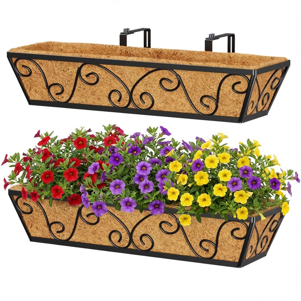 Y&M 24 Inch Window Deck with Coco Liner, Fence Metal Hanging Flower Planter Window Basket Deck Railing Planter Boxes for Outdoor Garden Lawn-Butterfly,2pcs