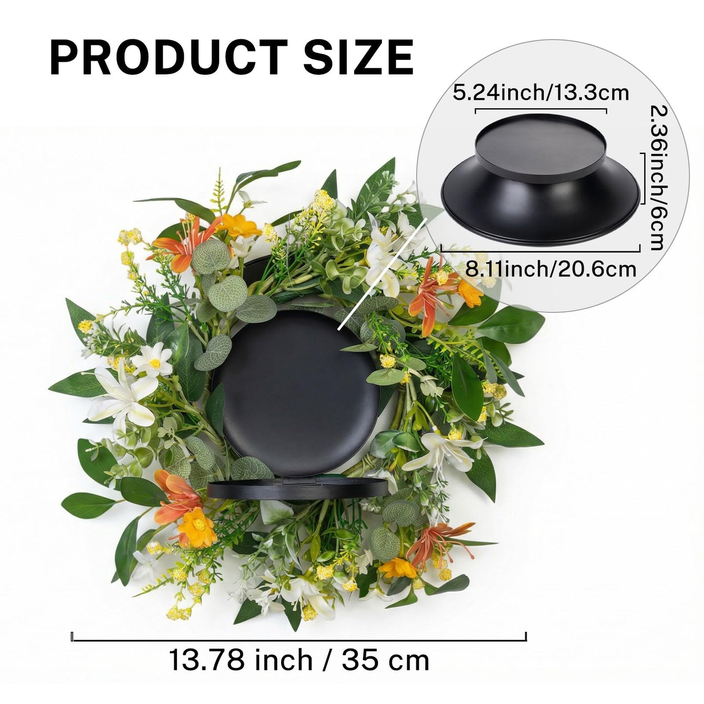 MOYEE Summer Centerpieces for Tables Wreath with Candle Holder,Candle Ring, Black Metal Candlestick with an Artificial Wreaths 14 in Versatile Dining Table Centrepiece (an Orange and White Wreath)