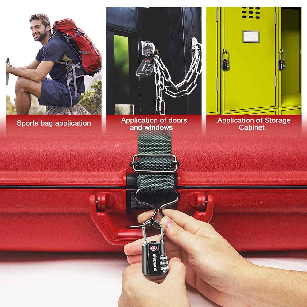 GIVERARE 2 PCS TSA Approved Luggage Locks, Combination Travel Cable Lock, Re-settable 3-Digit Padlocks with Alloy Body, Keyless Travel Sentry Accepted Padlock for Gym Locker, Golf Bag Case-Black