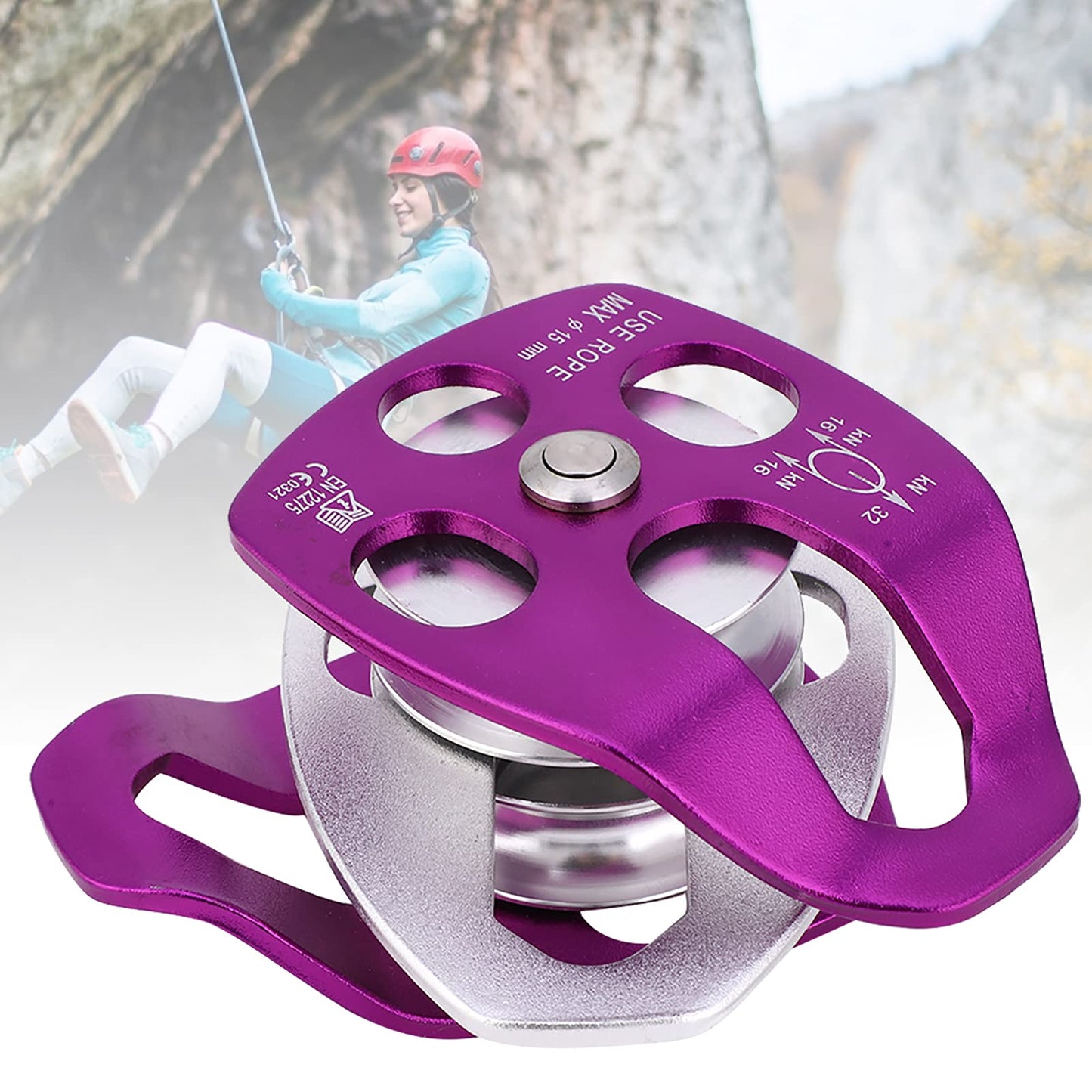 equlup Double Pulley, 32KN Load Aluminum Side Swing Pulley 15mm/0.6in 15mm/0.6in Outdoor Survival Tool for Rock Climbing, Mountaineering, Rappelling