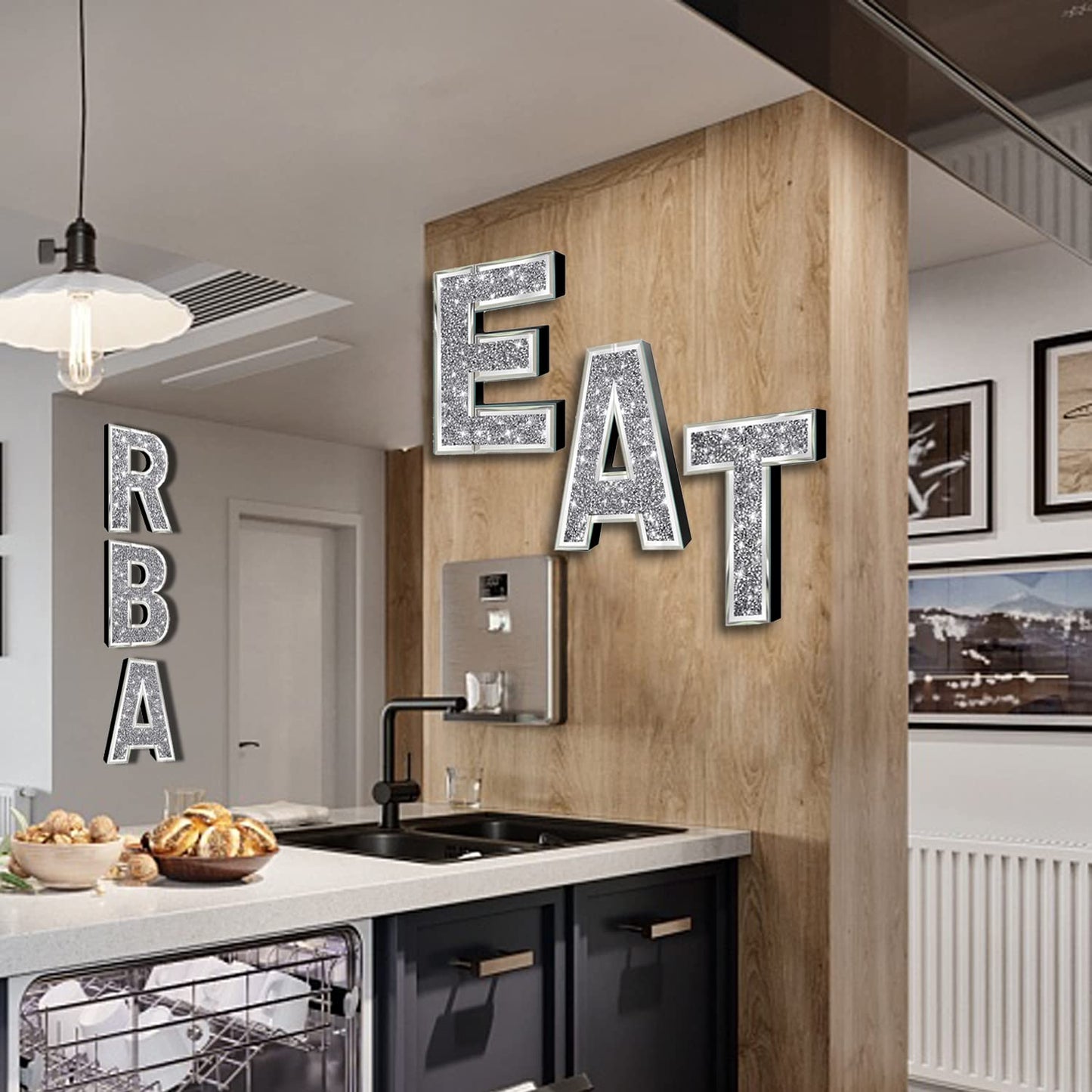 ZOLAPI 3 pcs Independent Letters EAT.Glam Crystal Diamond Letters.Silver Mirror Glass Home Decoration for Wall, Kitchen,Living room, Fireplace, Bookshelf and Table.