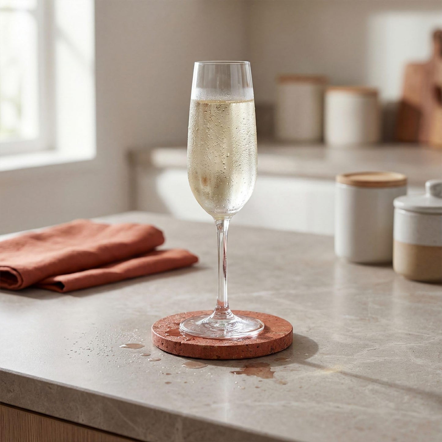 Red Travertine Coasters Set of 4, 10cm Diameter Natural Stone Coasters with Non-Slip Cork Backing, for Coffee Table Kitchen Office Decor