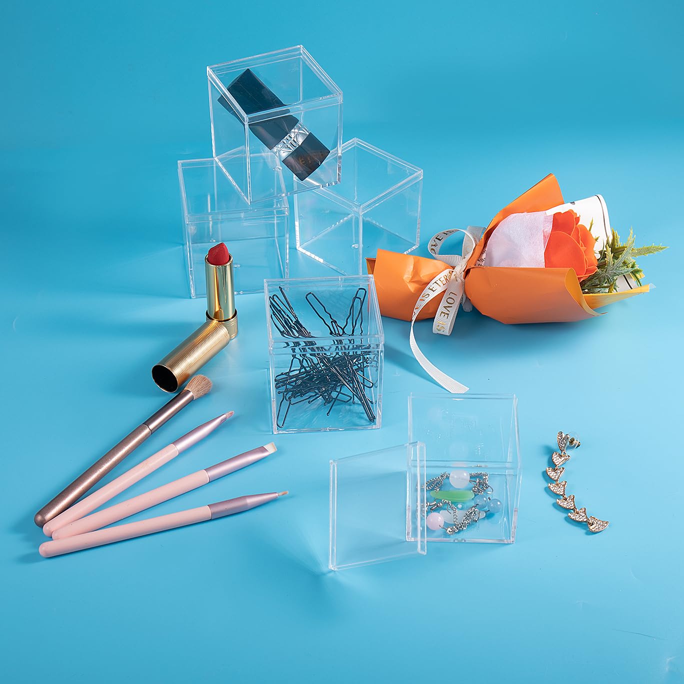 ADVcer 8 pcs Clear Acrylic Box with Lid, 2.56 inch Square Cube Small Acrylic Storage Boxes Display Case, Transparent Plastic Decorative Box Set for Jewelry Gift Toy Model Candy Mini Cake Containers