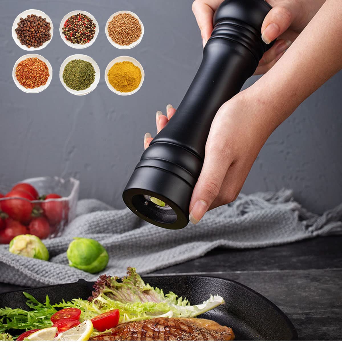 BINHAI Black Set Salt Pepper Mill,Wooden Pepper Grinder Manual Mills Solid with Strong Adjustable Ceramic Grinders 2 Piece 8 Inches