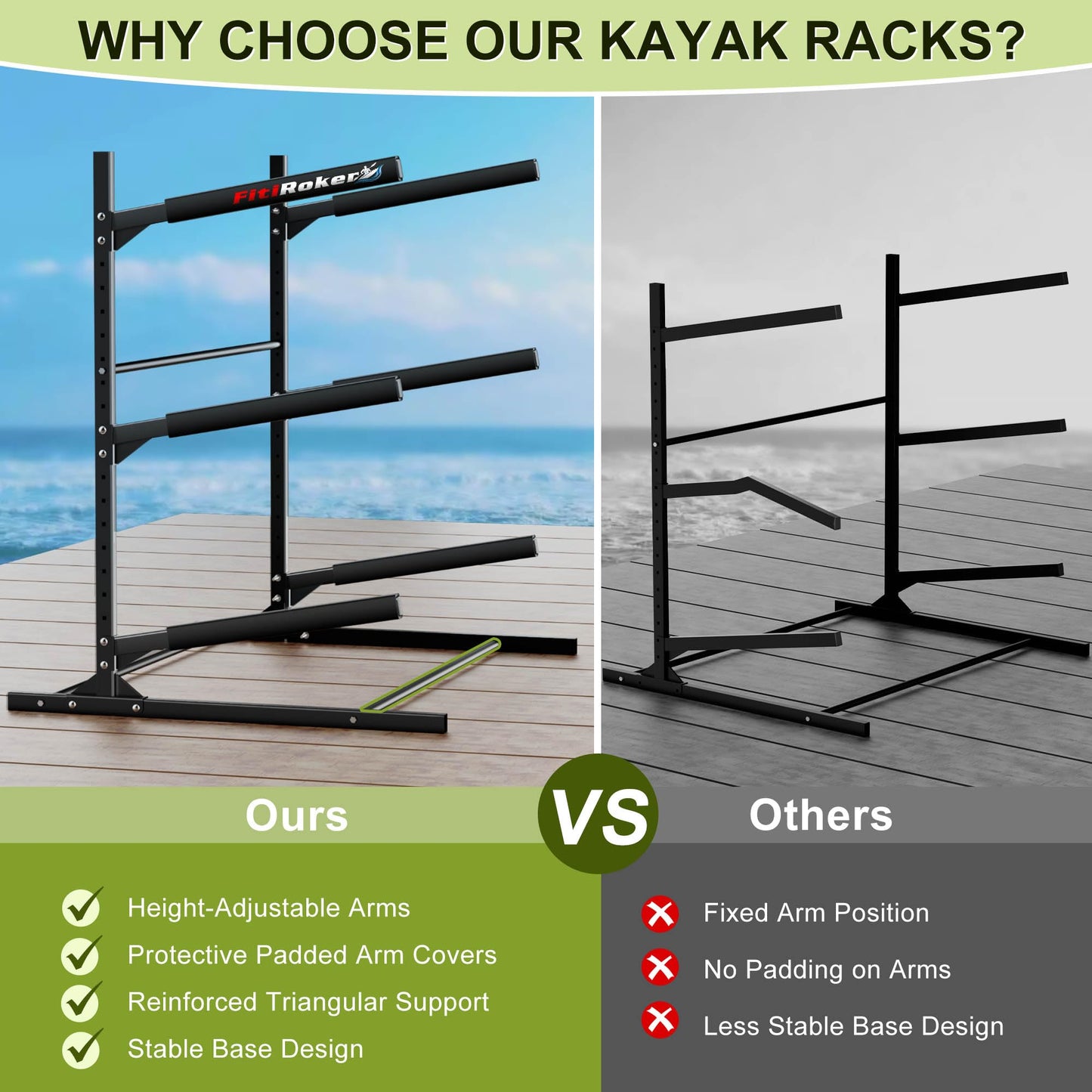 FitiRoker 3-Tier Freestanding Kayak Storage Rack, Steel Storage Stand with Adjustable Padded Arms for Kayaks, Canoes, Surfboards and Paddleboards, Indoor Outdoor Garage Organizer