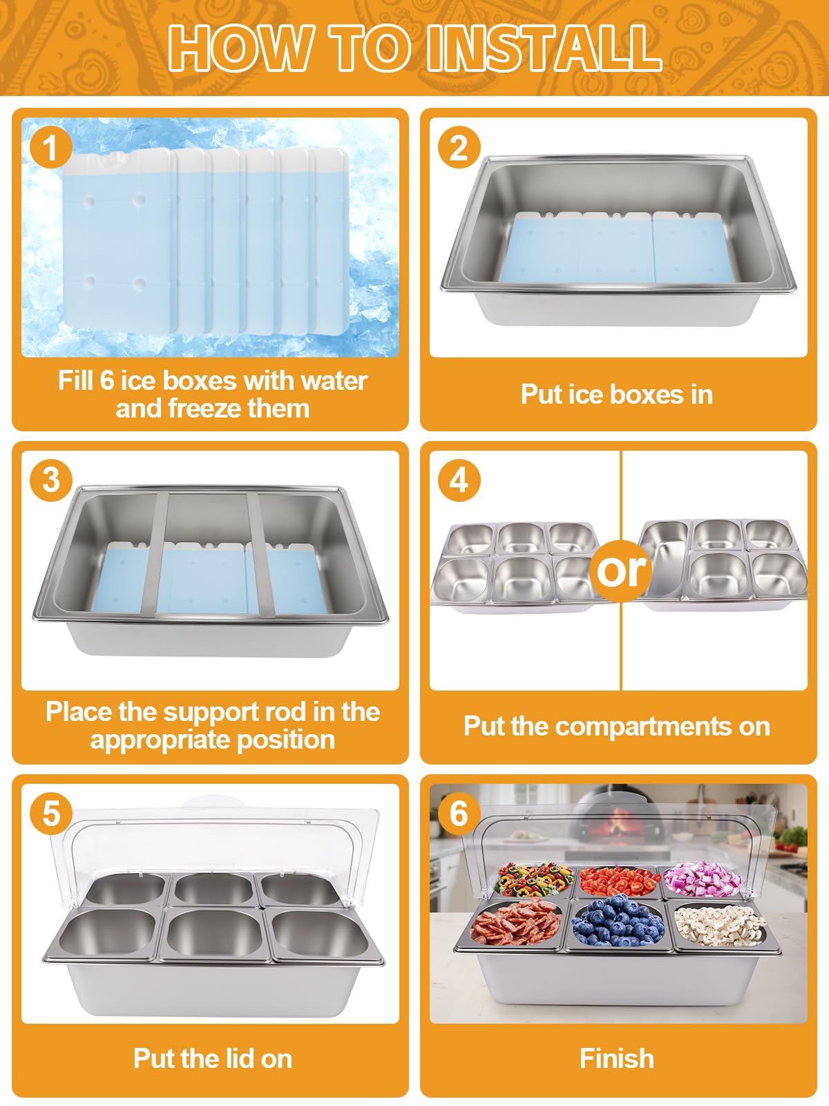 Kalolary Pizza Topping Storage Station, 7 Grids Stainless Steel Condiment Containers with Flip Lids Spoons Ice Box Food Tongs Ice Food Serving Display Container Salad Bar Buffet Station for Party