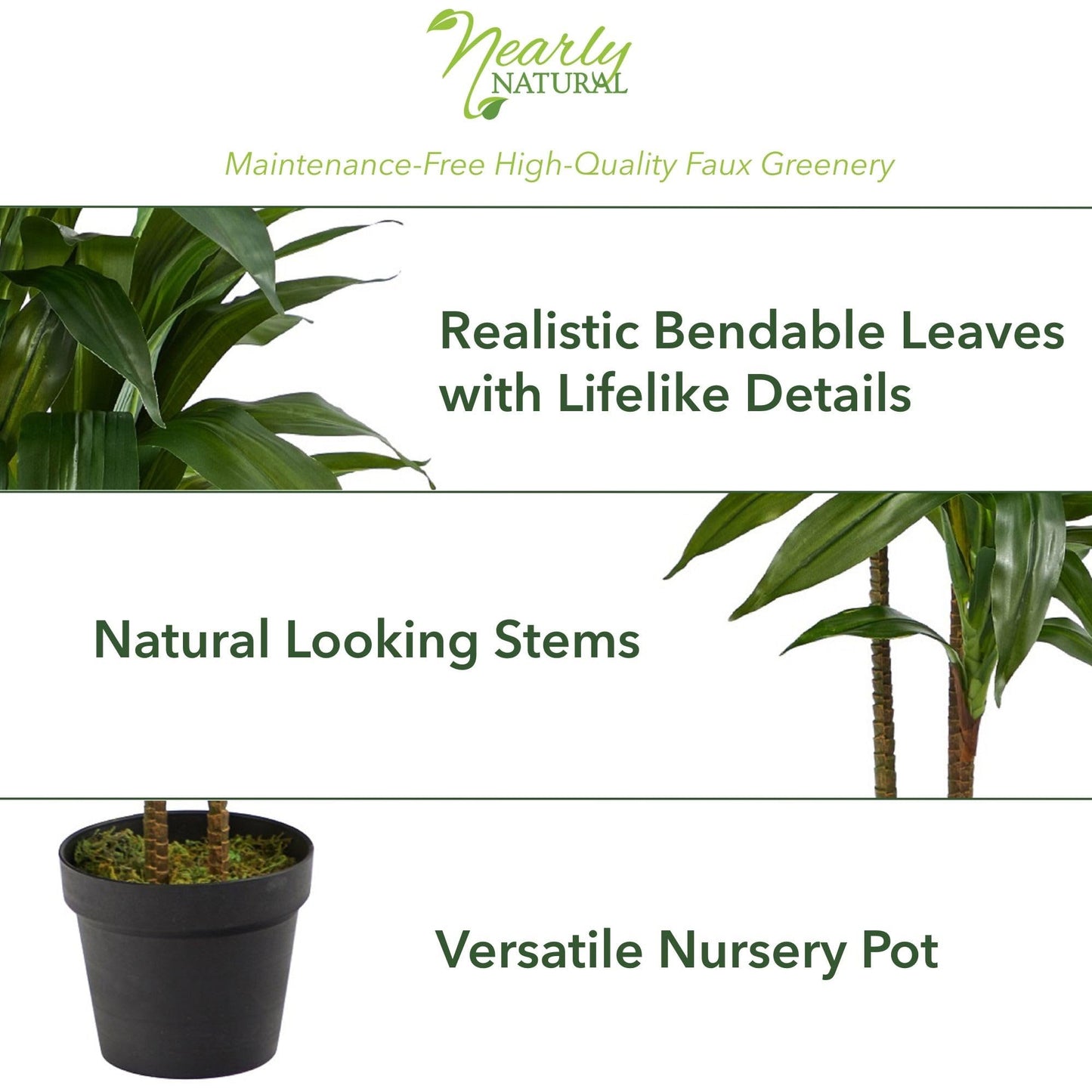 Nearly Natural 48in Artificial Dracaena with Real Touch Leaves and Multi Tonal Trunks, Large Indoor Silk Plant with Pot, Maintenance Free For Living Room And Home Office Decor