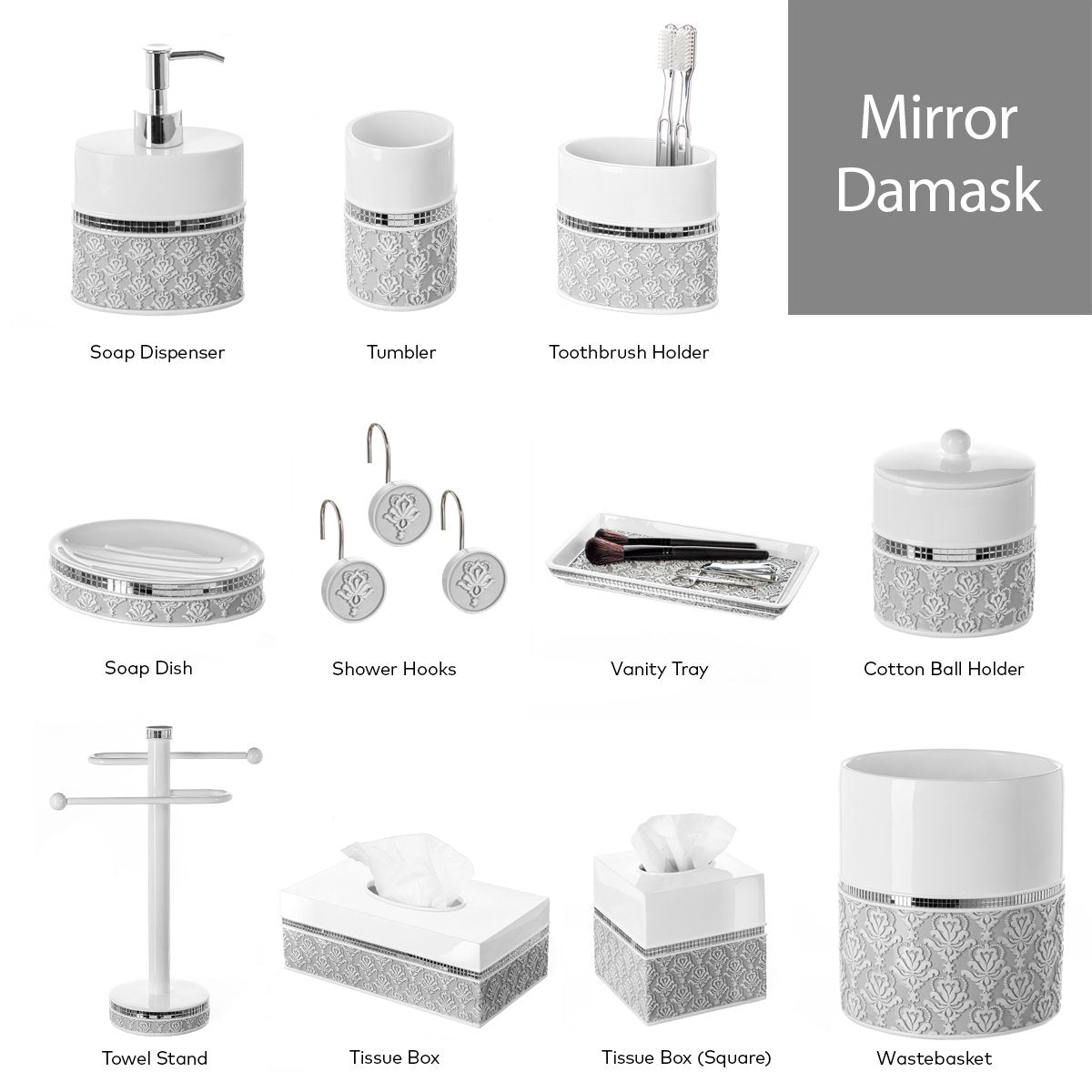 Creative Scents Mirror Damask Soap Dish for Bathroom, Decorative Dry Bar Holder, Best Dishes for Sink/Bath/Shower Decor (Gray & White)