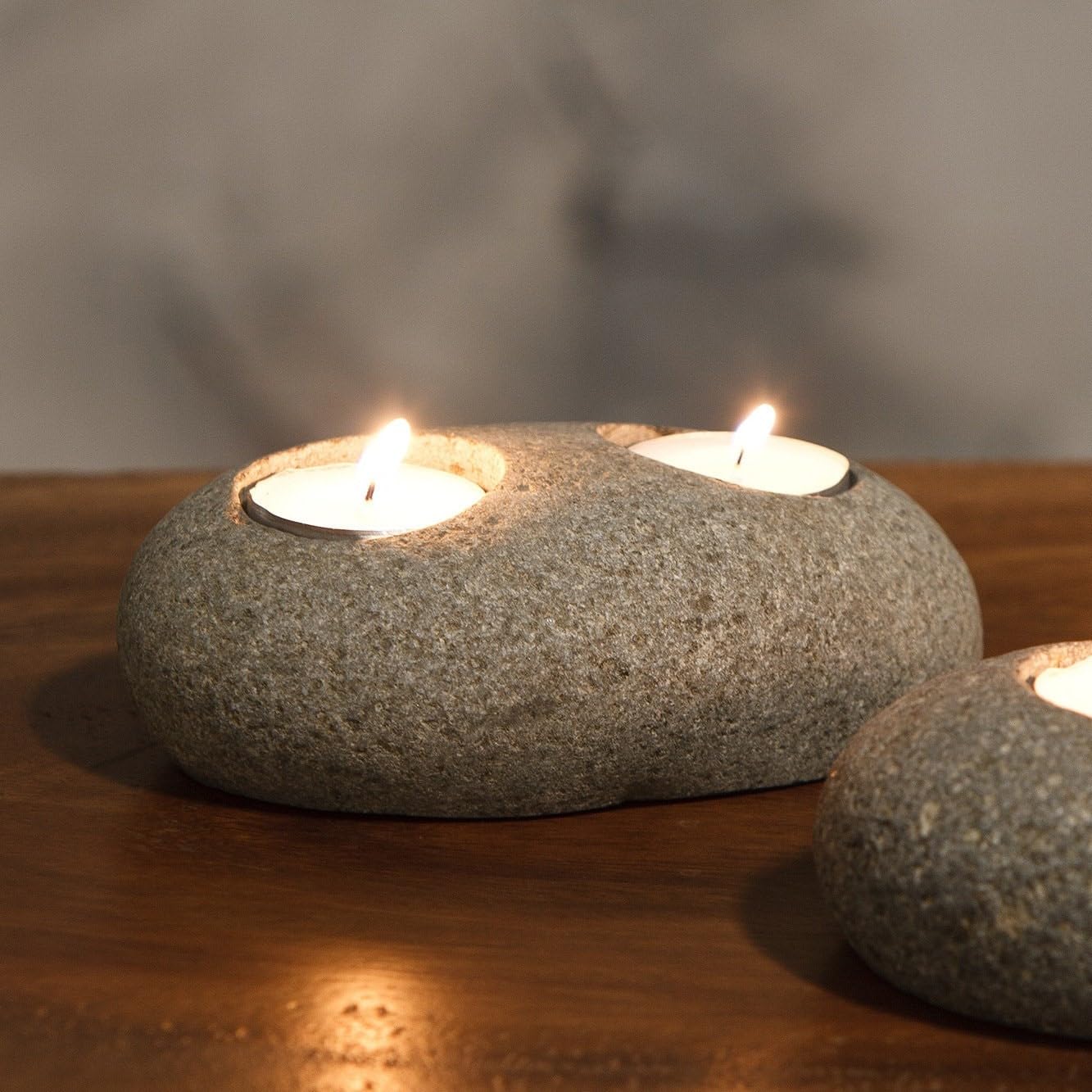 Natural Beach Pebble T-Light Holder - Double