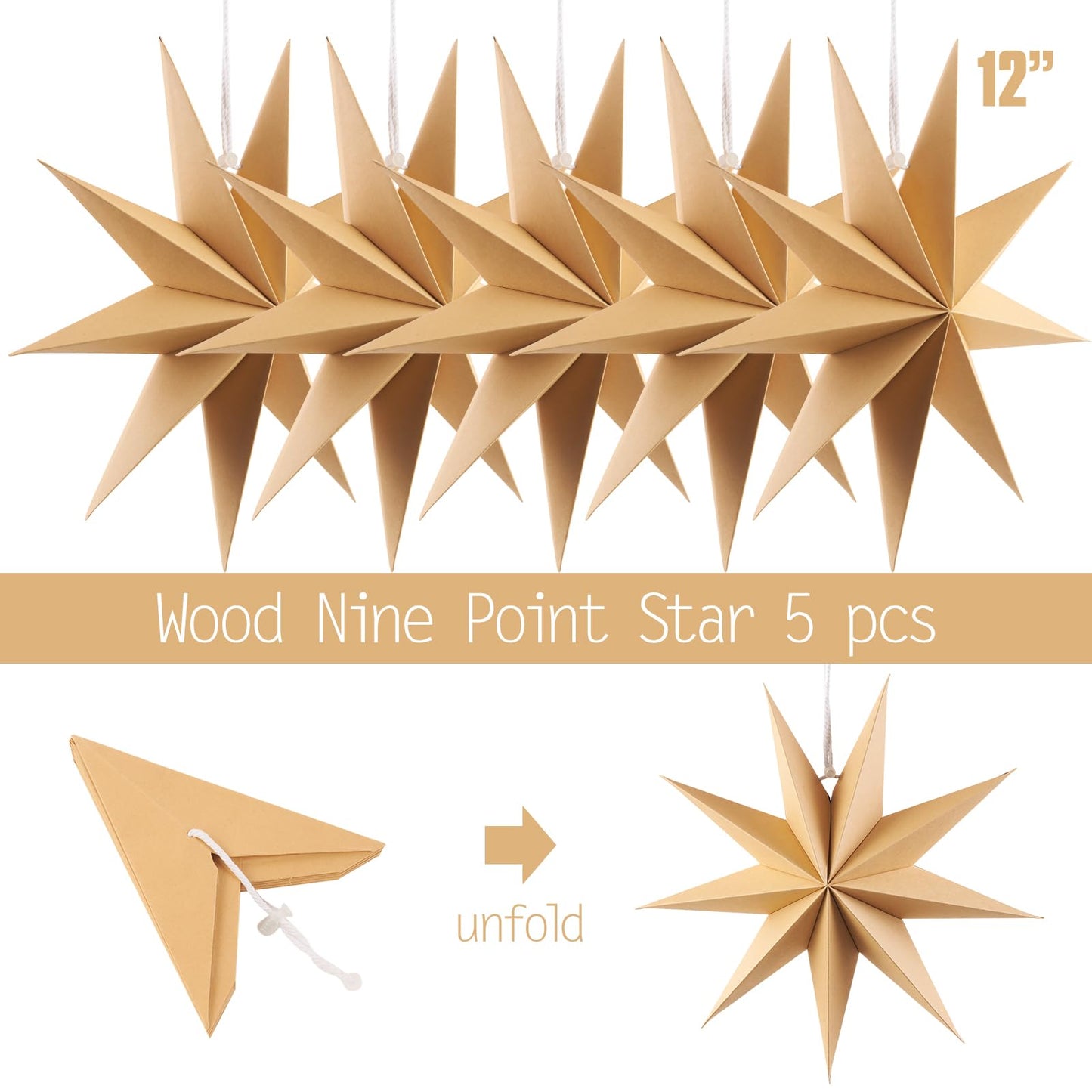 SUNBEAUTY 5 Pcs 9-Pointed Natural Paper Star Lanterns 12 Inch Christmas Hanging Lamp Rustic Paper Decorations Shade Wedding Birthday Christmas Home Party Decorations