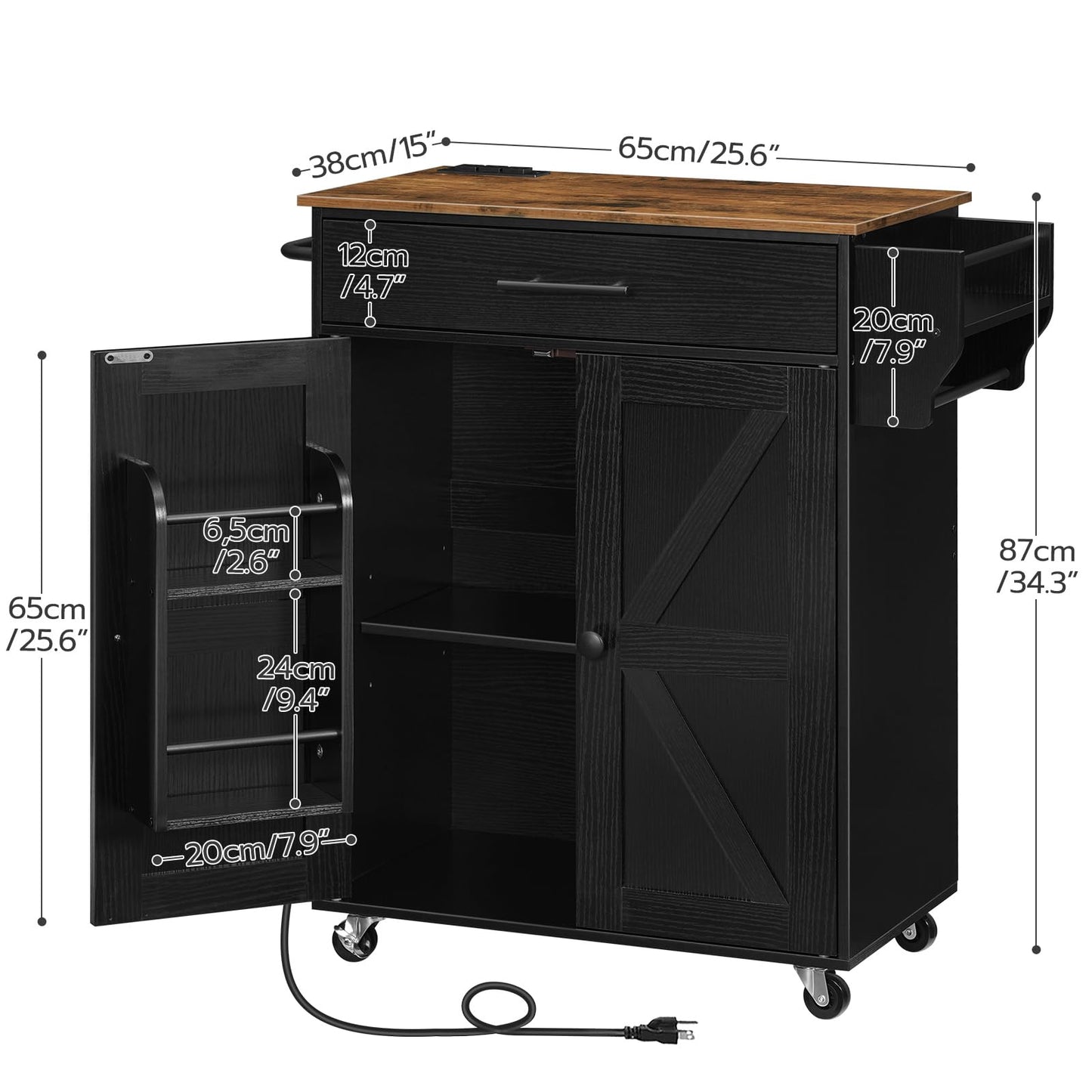 HOOBRO Kitchen Island with Power Outlet, Rolling Kitchen Island with Large Worktop, Kitchen Island Cart with Spice Rack and Drawer, Island Table for Dining Room, Rustic Brown and Black BF88UZD01