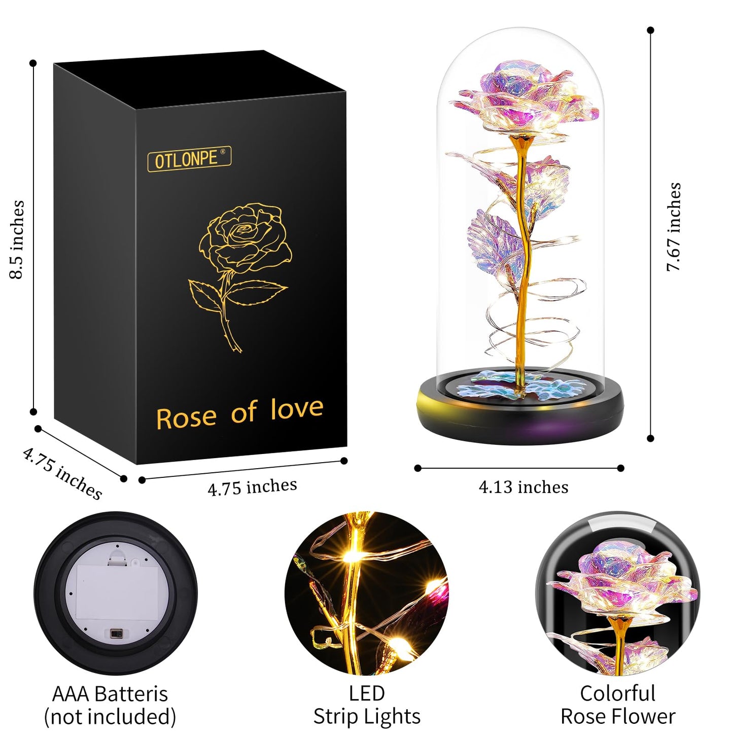 Otlonpe Preserved Forever Valentines Day Flower Gifts for Her, Glass Light Up Rose Gifts for Women Mom Grandma Girlfriend Wife Sister, Valentines Mothers Day Christmas Birthday Womens Gift (Colorful)