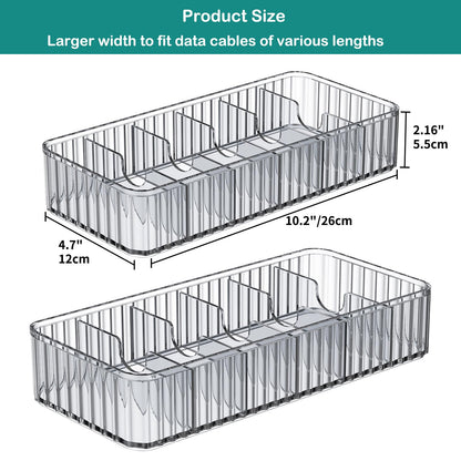 Tamomic Cable Storage Boxes Organizers 2 Pack,Cord Charger Storage Organizer Box Case with 20pcs Cable Ties,Stackable,Clear