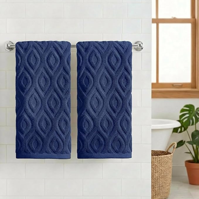 Artoid Mode 2 Pcs Navy Blue 3D Diamond Grid Jacquard Hand Towels