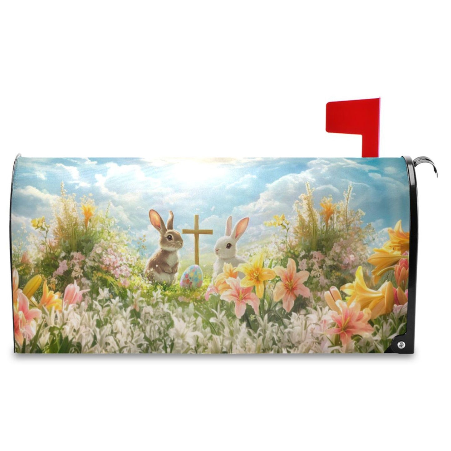 Wamika Happy Easter Day Eggs Bunny Mailbox Cover Standard Size Welcome Spring Flowers Lily Magnetic Mailbox Covers Garden Yard Porch Mail Boxes Cover Holiday Decorations 21" L x 25" W