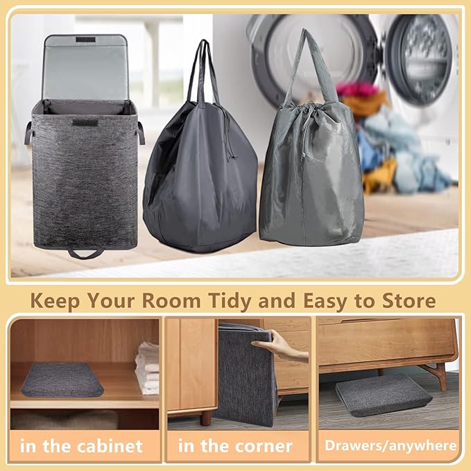 Foldable Laundry Hamper with 2 Removable Drawstring Bags, Portable Laundry