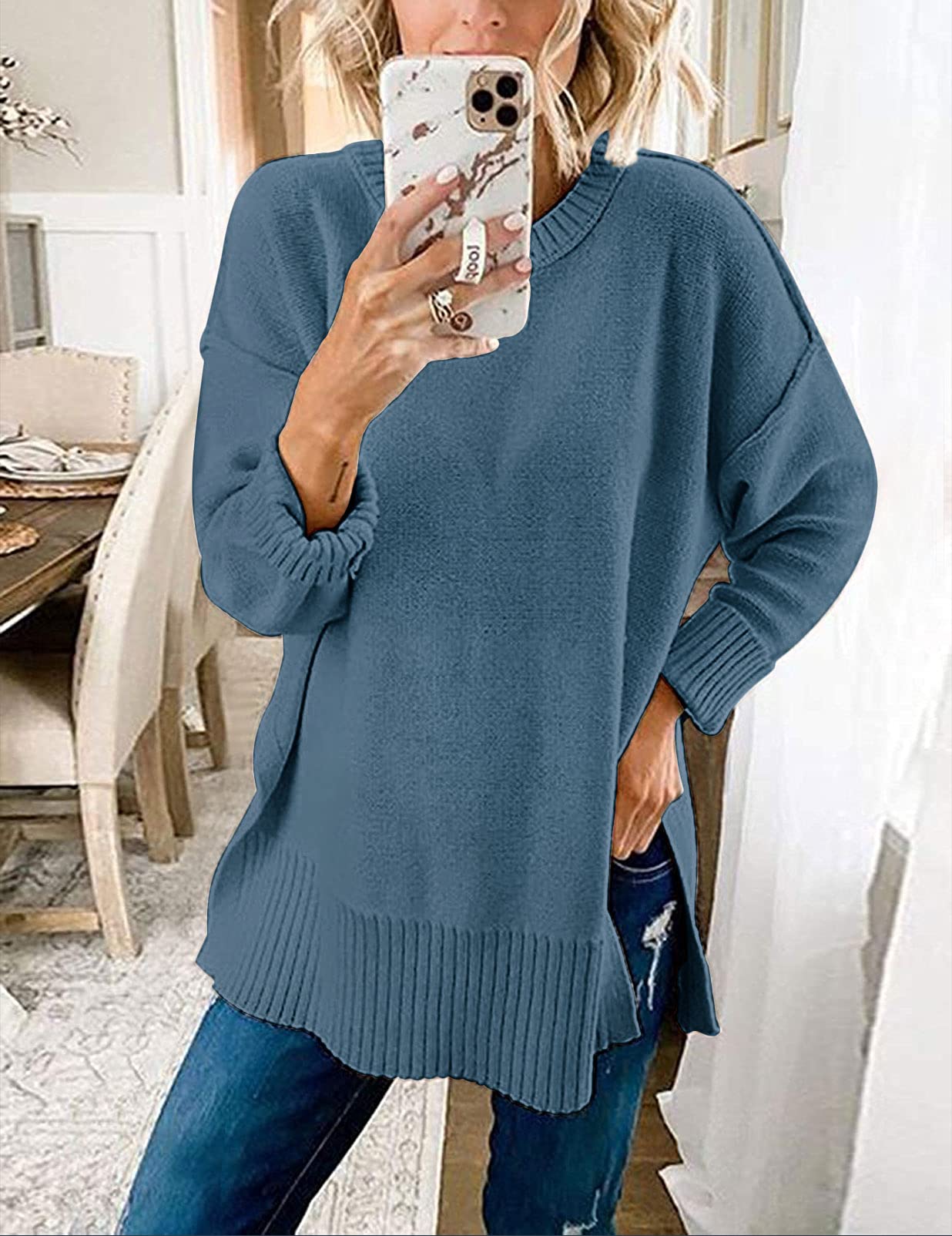 MEROKEETY Women's 2025 Fall Winter Oversized Pullover Sweater Casual Loose Crew Neck Long Sleeve Side Split Jumper Tops