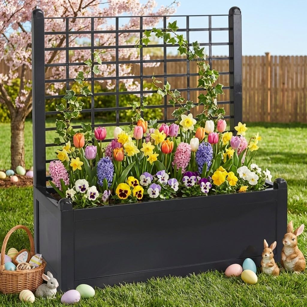 BrylaneHome Outdoor Freestanding Climbing Flower Plant Box with Trellis Planter Patio Deck Yard - Bronze