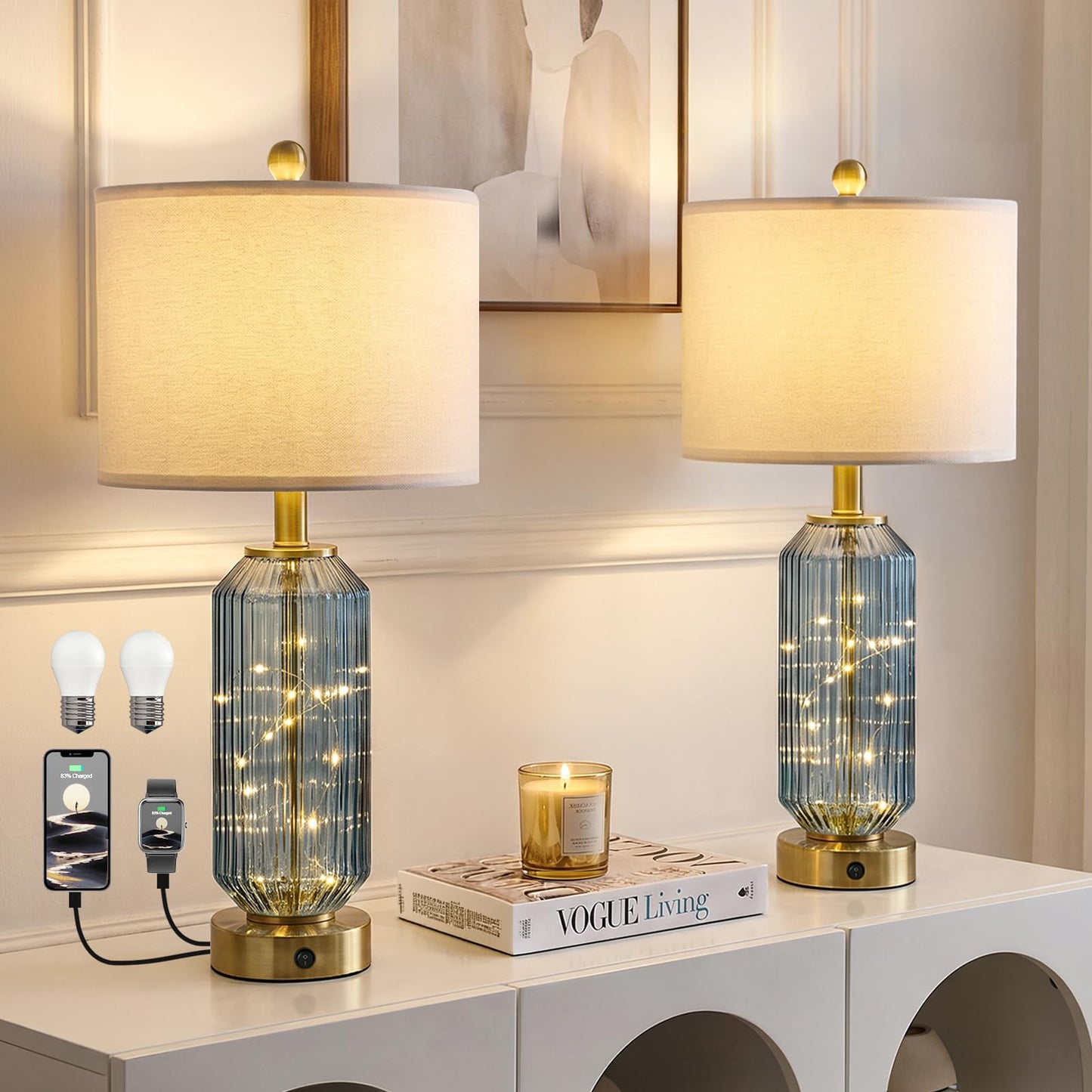 Oneach 24.5" Bedside Table Lamps Set of 2, Blue Coastal Nightstand Lamps with Night Light, USB A+C Charging Ports, Glass Lamps for Bedroom, Living Room, End Table (2 Bulbs Included)