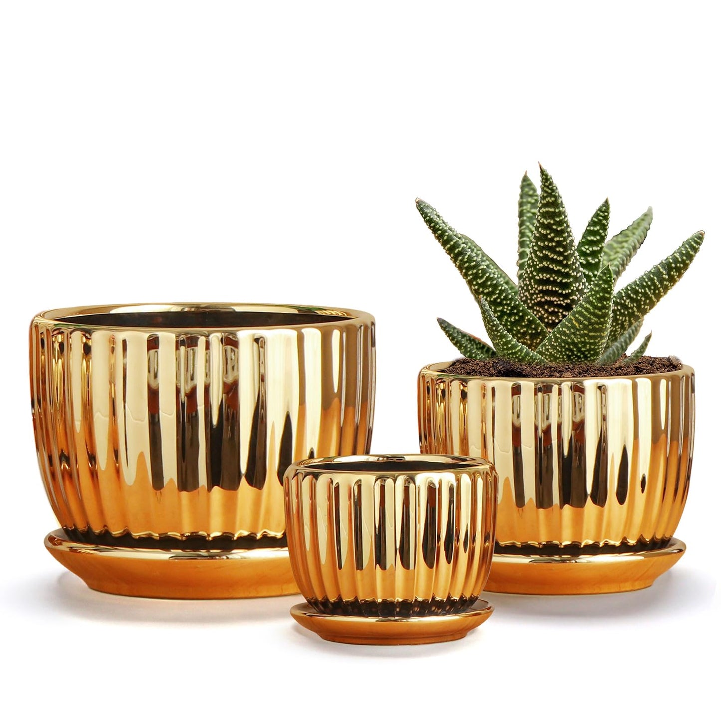Ton Sin Gold Plant Pots,4.1+5.1+6.5 Inch Ceramic Succulent Planters Set of 3 Mini Indoor Flower Pot with Drainage,Handmade Decorative Ceramic Orchid and Herb Pots(Gold)