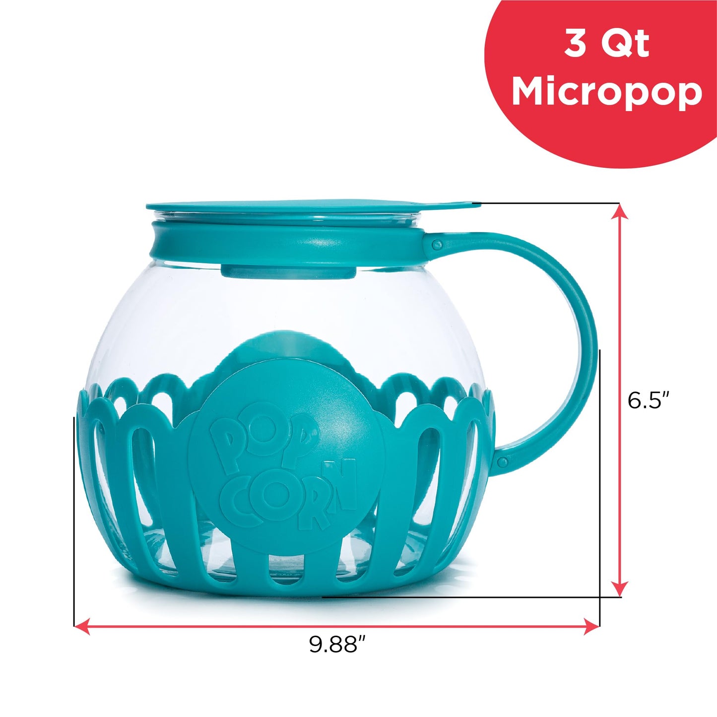 Ecolution Patented Micro-Pop Microwave Popcorn Popper with Temperature Safe Glass, 3-in-1 Lid Measures Kernels and Melts Butter, Made Without BPA, Dishwasher Safe, 3-Quart, Aqua