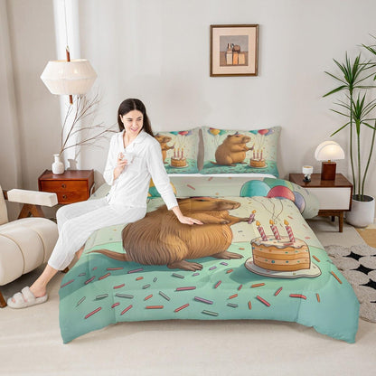 Erosebridal Cute Beaver Toddler Size Bedding Set for Kids, Wild Animal Comforter Set for Bedroom, Wildlife Down Comforter, Happy Birthday Cake Candle Balloon Duvet Insert