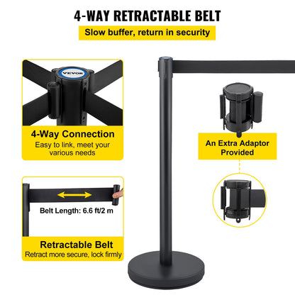 VEVOR Crowd Control Stanchion Set, Stanchion Set with 6.6 ft/2 m Black Retractable Belt, Black Crowd Control Barrier w/Concrete and Solid Metal Base - Easy Connect Assembly (6)