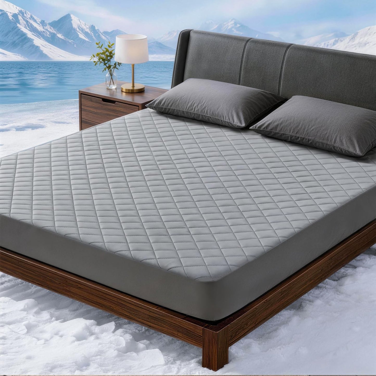 Welfibr Cooling Mattress Pad for Hot Sleepers Noiseless Mattress Protector Bed Cooling Pad 3 x Breathable Mattress Topper Q-Max 0.45 Cool Touch, 3D Mesh Deep Pocket Bed Cooling Cover Grey King