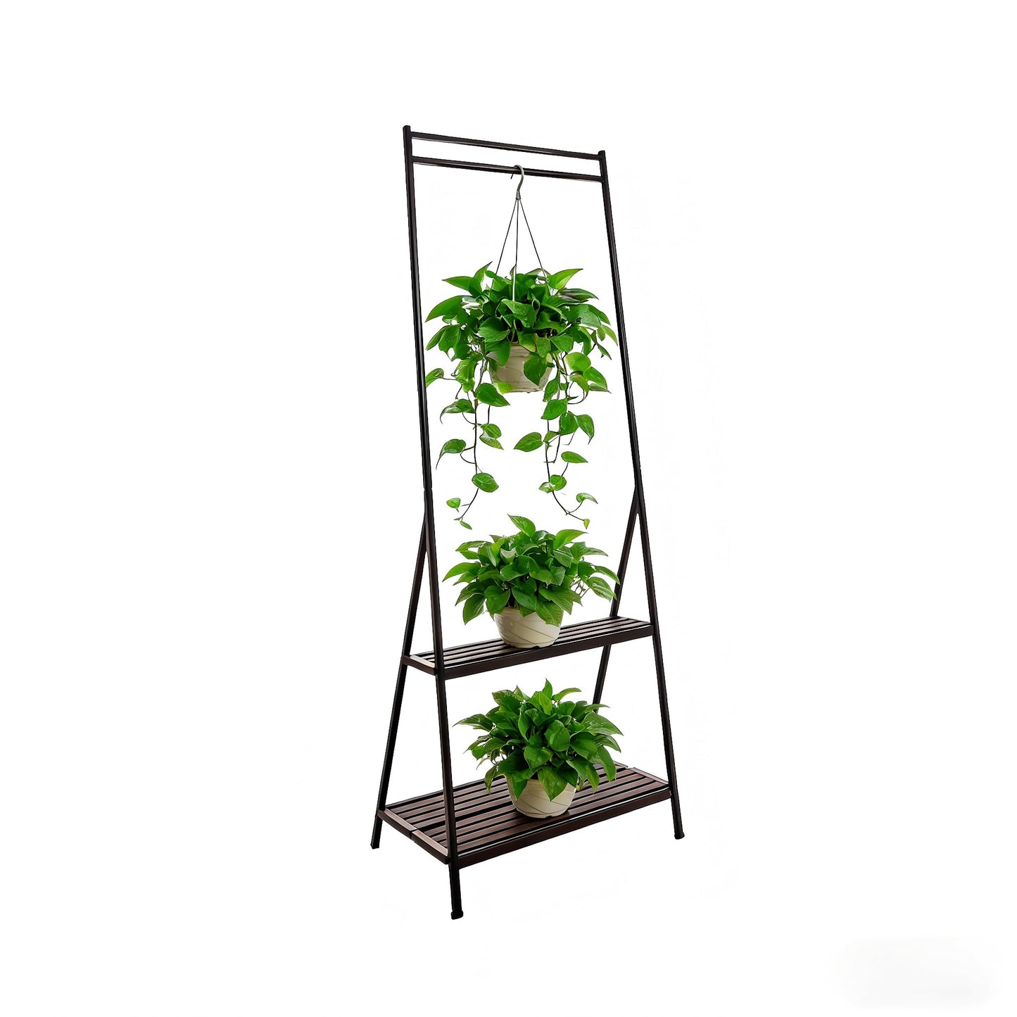 MultirackX Hanging Plant Stand Folding Plant Stand 2 Tier Ladder Shelf with Hanging Rod Height Adjustable Flower Pot Display Organizer for Balcony Porch Living Room