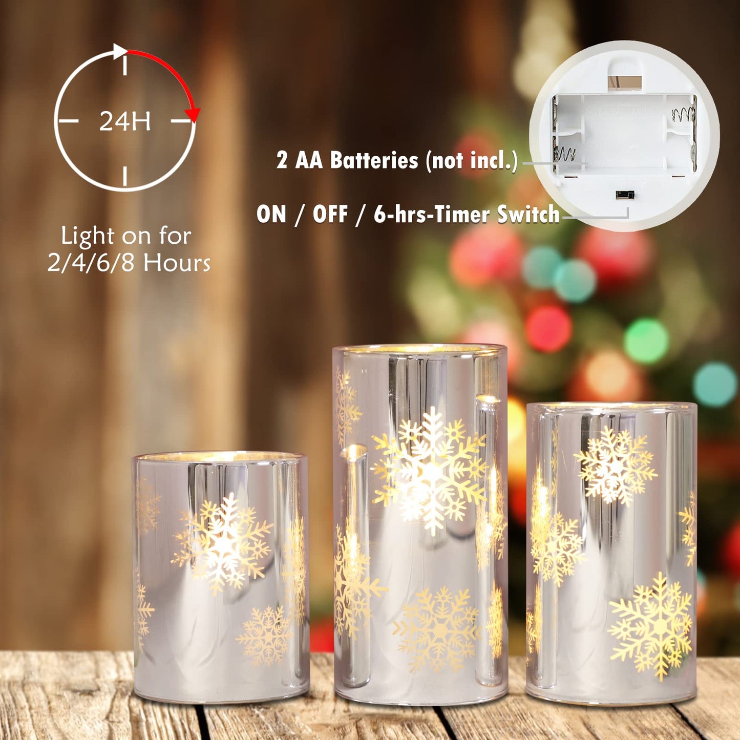 GORGE MOMENT Flameless Candles with Remote, Christmas Holiday LED Flickering Candles, Snowflake Candle Glass, Battery Operated, Xmas Gift Decorations Bathroom Home Party Decor [x3]