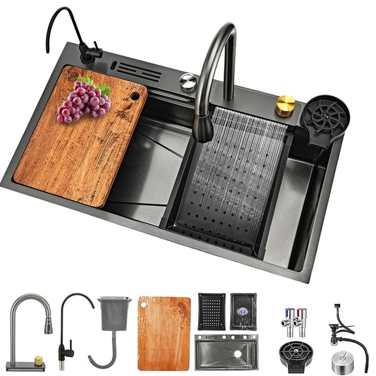 31.5x17.7 Inch Waterfall Kitchen Sink, Black Single Bowl Sinks Pull Down Sprayhead Faucet Kitchen Sink with Cup Washer
