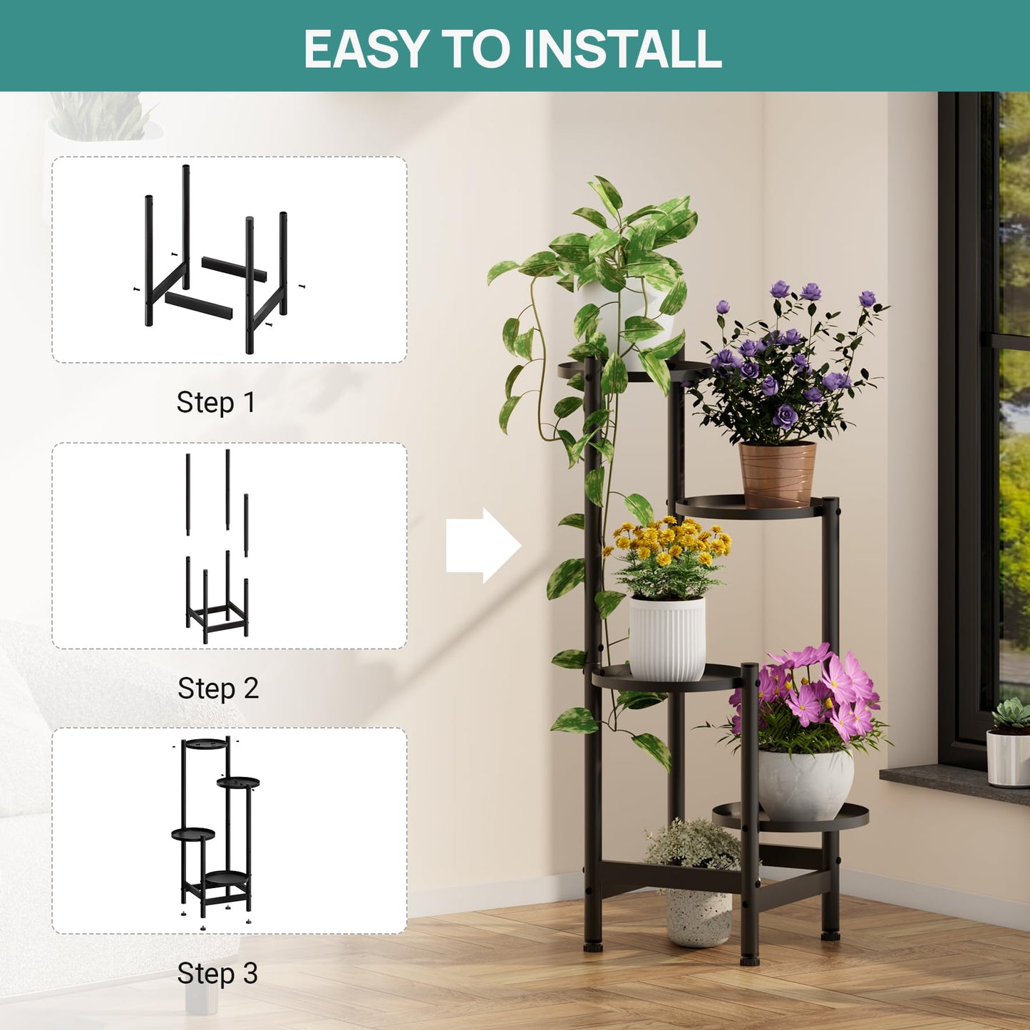 viewcare 4-Tier Plant Stand, Heavy Duty Metal Planter Rack -Indoor/Outdoor Shelves - Display Multiple Flower Pots, Iron Plant Organizer for Living Room, Patio & Garden