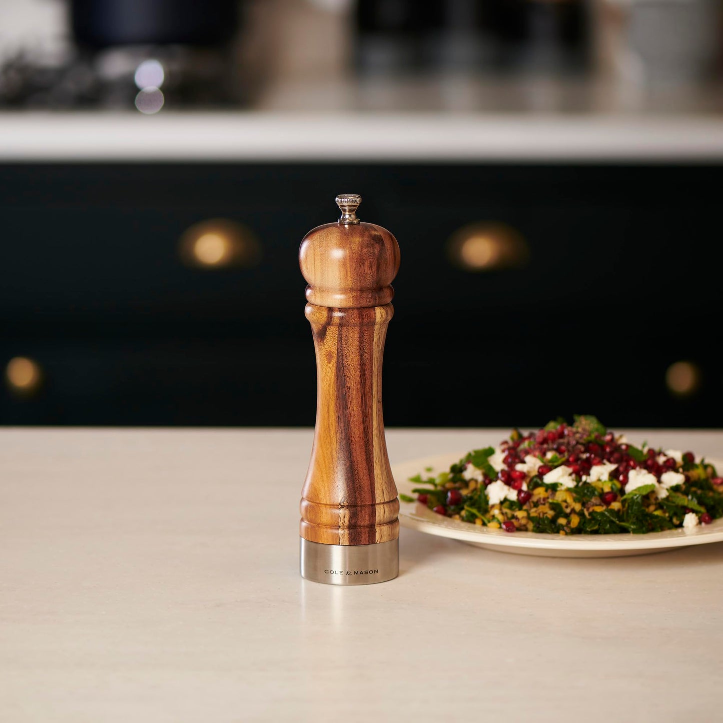 Cole & Mason Camden Acacia Salt & Pepper Mill - Dual-Use Grinder - Interchangeable Knobs - Adjustable Fine-to-Coarse Grind - Stylish Acacia Wood Kitchen Tool - 8 Inch