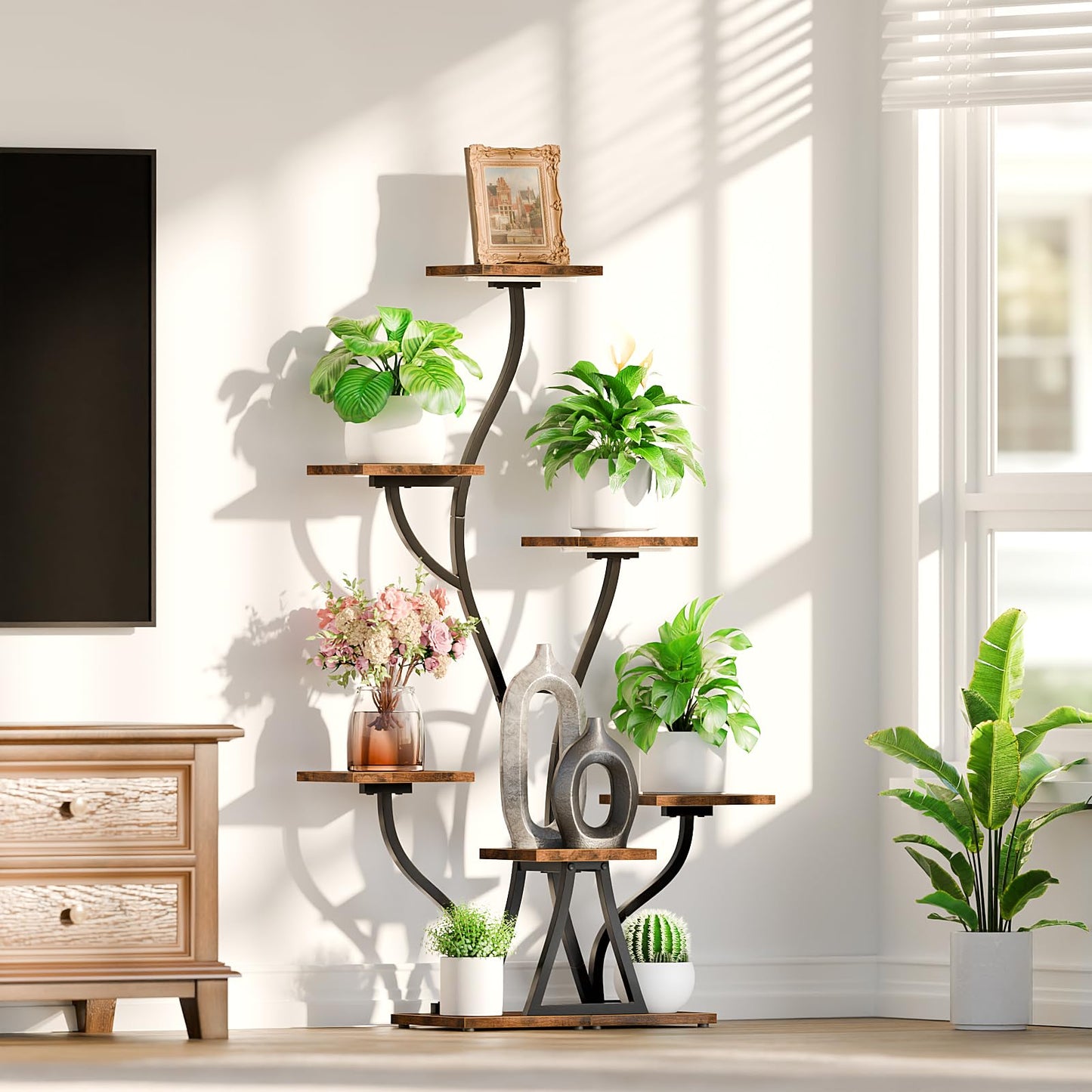 Plant Stand Indoor with Grow Lights, 7 Tiered Indoor Plant Shelf, Corner Plant Stands for Indoor Plants, Metal Plant Shelf Flower Display, Seaweed-Shaped Plant Rack for Living Room, Patio, Black