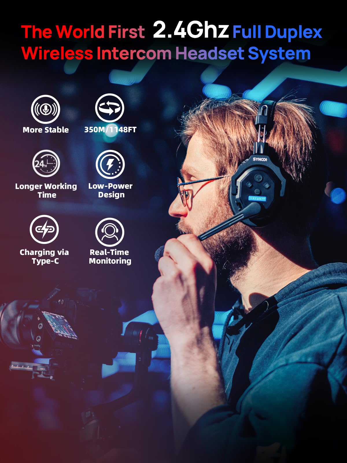 SYNCO XTALK X5 Wireless Intercom Headset System, 2.4GHz Full Duplex Group Talk Coms with 24H 350M/1148FT Real-time Monitoring, Single-Ear-Headsets-for-Communication