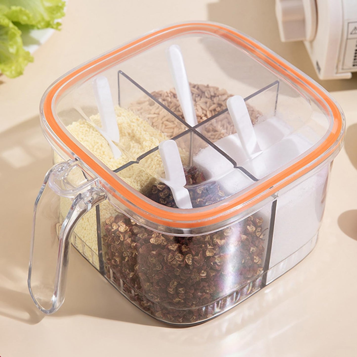 4 Compartments Seasoning Box with Cover and 4 Serving Spoons, Transparent Pot Clear Seasoning Storage Box Container Kitchen Condiment Jars for Kitchen Salt Sugar